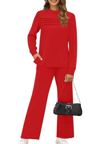 Image of WIHOLL Two Piece Sets for Women Spring Travel Vacation Outfits 2026 Long Sleeve Lounge Sets Side Slit Wide Leg Pants S-3XL