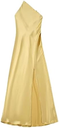 Women Yellow Satin Asymmetric Dress Backless Sleeveless Maxi Dress, Yellow  : Amazon.com.be: Fashion