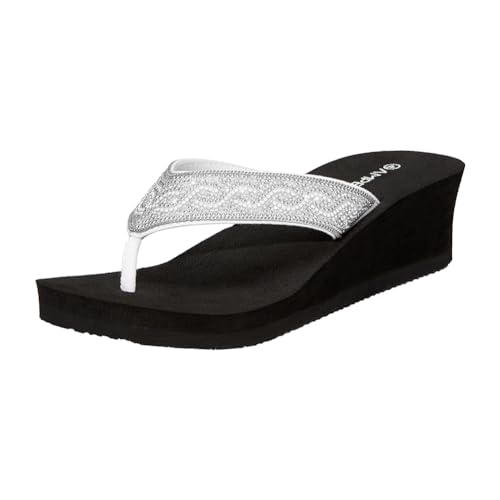 Ampeo Wedge Flip Flops for Women, Rhinestone Dressy Summer Platform Wedge Sandals,White,Size 11