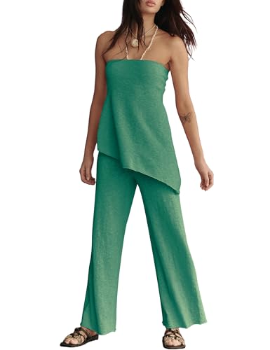 Image of Women Summer Knit Sweater Sets Sexy Tube Top and Loose Pant Lounge Matching Set 2025 2 Piece Outfits