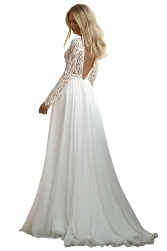 Long Sleeves Lace Applique Wedding Dresses for Bride Chiffon A-Line Evening Formal Party Bridal Gown with Train