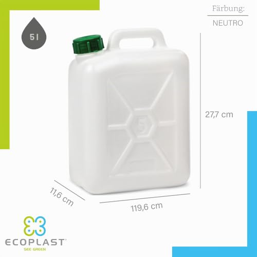 Ecoplast | Transparenter Kunststoffkanister 5 Liter - robust und praktisch. Ideal für die Lagerung und den Transport von Wasser, Öl oder anderen Flüssigkeiten. Luftdichter und sicherer Verschluss.