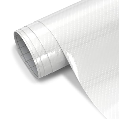 White Carbon Fiber Vinyl Wrap for Cars, 6D High Gloss Car Wrap Vinyl Roll with Air Release, PVC Self Adhesive Auto Sticker Decal Interior Exterior (White, 1ft x 10ft)