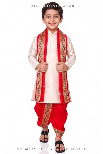 Image of Boys Dhoti Kurta Set Sherwani Style for Kids | Ethnic Traditional Kids Wear with Patiala Dhoti & Dupatta | Wedding Dress for Boys | Indian Cultural Outfit for Puja Festival Party