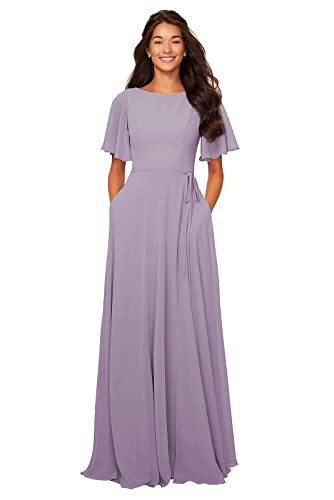 Image of petyoo Chiffon Bridesmaid Dresses with Pockets Sash Long Flutter Sleeves Formal Evening Gown