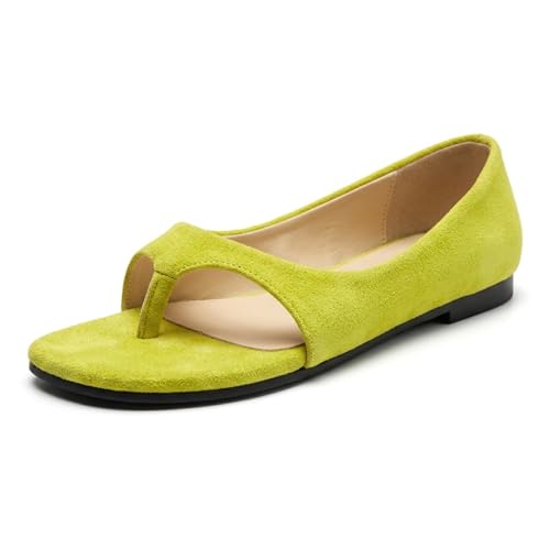 Anyvip Women's Minimalist Flat Thong Sandals Neon Yellow Clip Toe