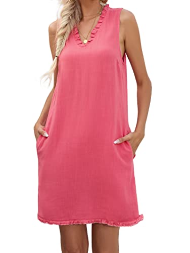 Famulily Womens Linen Short Length Dress Cute Raw Edge Hem Dresses Deep V Neck Tank Dresses with Pockets Red M