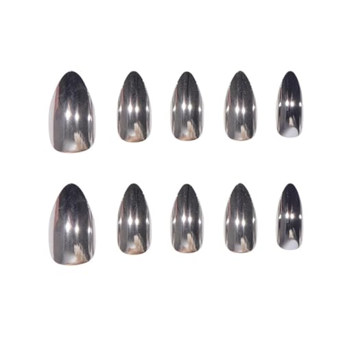 Image of 24 Pcs Reusable Artificial Nails Fake Nails with Glue and Kit|Liquid Silver Ultra Gloss Press On Nails | ABS Material UV Protected Long Lasting Finish |Medium Almond Nails with Glue (Silver - Stiletto)