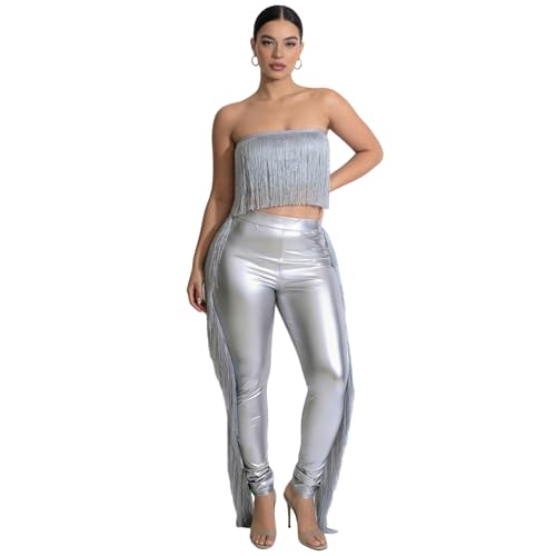 Ensemble deux pièces avec franges argent inhzoy costume de soirée élégant XXL
