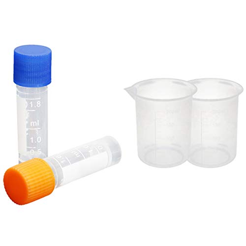 Bloepum 50Pcs 1.8Ml Plastic Graduated 0.063Oz Cryovial Test Tube Sample Pipe with Seal Cap & 2x Clear Plastic Measuring Cup