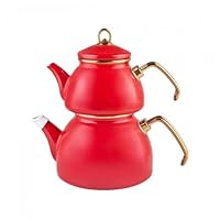 Karaca Retro Turkish Teapot for Stovetop, 1.1L Turkish Tea Pot & 2.3L Kettle, Dishwasher Safe, Induction Tea Pot Set, Vibrant Color Lasting Enamel, Samovar Style, Red