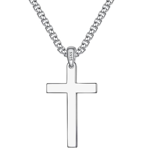 Ursteel S925 Sterling Silver Cross Necklace for Men Women - Stainless Steel Diamond Cut Chain Silver Mens Cross Pendant Necklace Jewelry 16-24 Inches