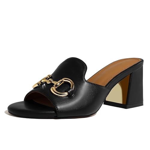anteikira Women's Square Open Toe Buckle Sandals Slip On High Chunky Block Heel Mules Backless High Heeled Sandals for Women Fashion Summer Heels Black Size8.5