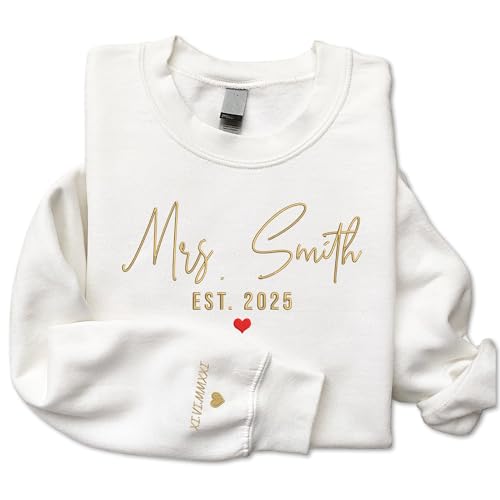 GODMERCH Custom Embroidered Mrs Sweatshirt - Personalized Future Mrs Hoodie, Bride Sweatshirts, Honeymoon Crewneck, Gift for Her Bride to Be Engagement Wedding Bridal Shower Bachelorette Party