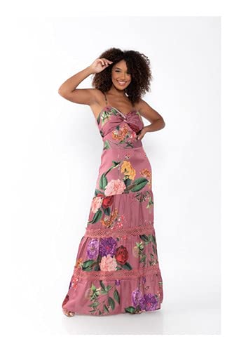 Vestido Rose Longo Estampado Flores Com Babados Festas Dia Bojo Madrinha Casamento (Rosa escuro, M)