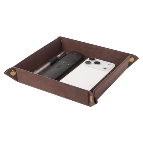 WAYIFON Valet Tray Desktop Storage Organizer – Premium PU Leather Catchall Bedside Vanity Tray Nightstand Caddy Holder for Remote Controller, Keys, Phone, Wallet, Coin, Jewelry,Brown