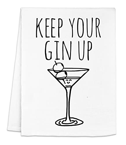 Moonlight Makers Funny Kitchen Towel, Keep Your Gin Up, Flour Sack Dish Towel, Sweet Housewarming Gift, White, Martini/Gimlet