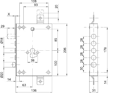 Cipierre SL128/60 SOFTLOCK- Serratura triplice per porte blindate a cilindro con meccanismo ad ingranaggi (Entrata 60 mm. - Sporgenza 3 mm) versione ad applicare (Interasse Catenacci 28 mm.)