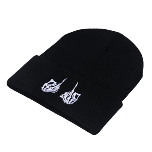 Image of Embroidered Skeleton Beanie Hat Winter Stretch Knit Skull Cap for Men Women