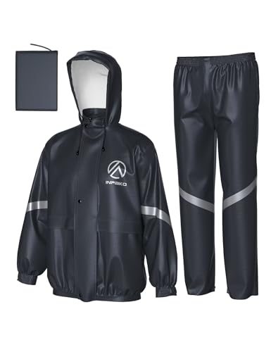 INPAKO Waterproof Rain Suit for Men Women, Lightweight Packable Hooded Rain Suits, Breathable Reflective Motorcycle Rainwear Grey Large