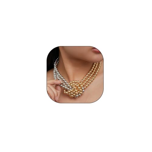 Vintage Layered Pearl Choker Necklace for Women Chunky Adjustable Knot Pearls Choker Necklace Fashion String Beads Necklace Jewelry Accessories