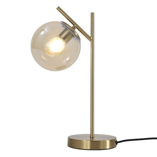Image of Mid Century Modern Table Lamp, Gold Globe Nightstand Lamp with Cognacs Glass Shade, Metal Brass Desk Lamp for Bedroom Living Room Study Room