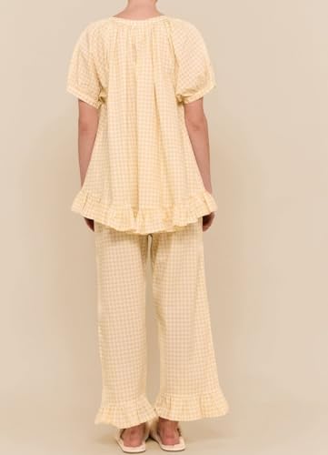 Image of Argeousgor Women Plaid 2 Piece Pajama Set Button Down Puff Sleeve Babydoll Shirt Gingham Pants Pj Lounge Set Sleepwear