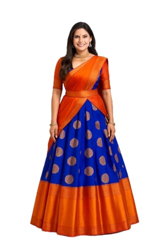 Image of RENVAANI FASHION Women's Indian Traditional Unstitched Kanjivaram Silk Pure Zari Weaving Lehenga Choli With Dupatta Attach With Unstitch Blouse Piece, Half Saree (HALF SAREE HT53 KHAJURI ROYAL RED)