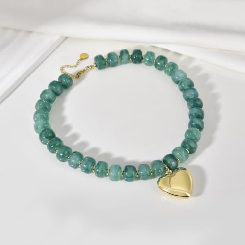Chunky Gold Puffy Heart Pendant Green Resin Beaded Necklaces For Women by CANDYFANCY - Used condition - Image 3