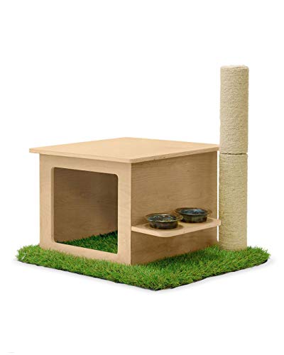 On2Pets Modern Indoor Wooden Cat House with Scratching Post & Feeder Station, 19" L X 23" W X 13" H, 12 LBS, Brown / Green