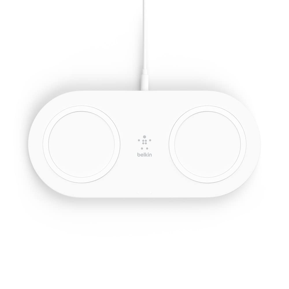 Belkin drahtloses Ladegerät mit zwei Ladepads (drahtloses Doppelladegerät, 15 W) 2 Geräte wie iPhone, AirPods, Galaxy und Pixel gleichzeitig und schnell laden – Weiß