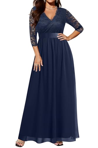 Plus Size Navy Blue Dress Women Wrap Long Formal Gown Evening Sleeve Mother Lace Chiffon Wedding Guest Maxi Prom Dresses