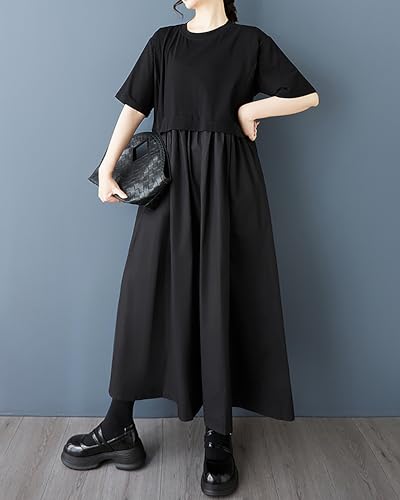 ellazhu Women's Dress Crewneck Short Sleeve A-line Solid Color Patchwork with Pocket GZ4914