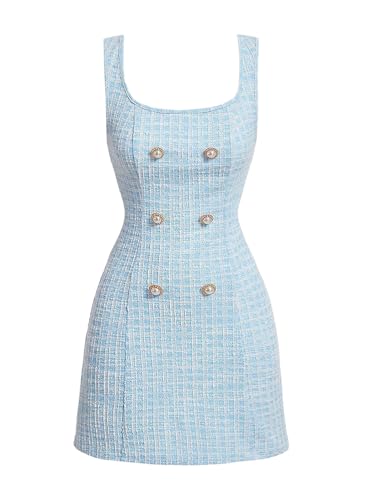 Image of Floerns Women's Plaid Tweed Dress Sleeveless Square Neck Elegant Work Mini Dress