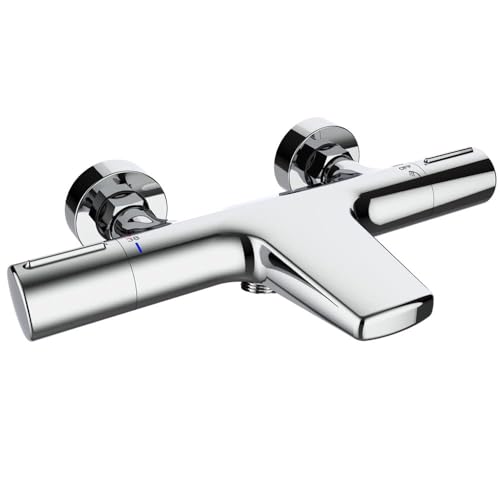 ONECE Grifo de Ducha Cascada, 38°C Grifería Termostática para Bañera y Ducha, Mezclador para Bañera de Latón, con Botón de Seguridad, Doble salida de agua, Cromo