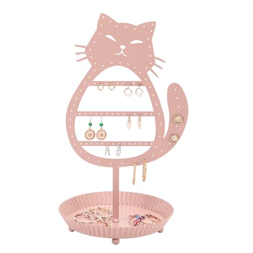 NIKKY HOME Cat Earring Holder Hanging Organizer Stand Metal Jewelry Tree Table Top Ear Stud Holder Tower Rack with Ring Tray for Girls (96 Holes), Pink