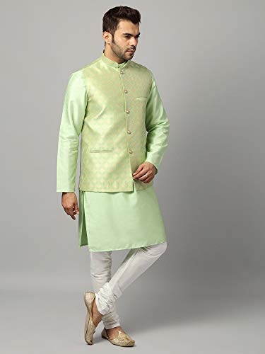 Image of Uri and MacKenzie Men's Silk Blend Kurta Churidar Pyjama with Stylish Nehru Jacket