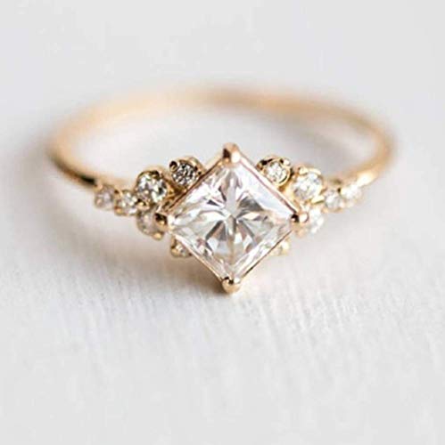 LVSHI Gold Plated Engagement Ring Dazzling Princess Cut White Sapphire 14k Gold Milgrain Ring Wedding Jewelry Size 6-10 (Size 10)