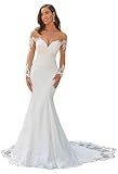 Clixsy Mermaid Wedding Dresses for Bride - Lace Beach White Wedding Dresses for Women Bride White US12