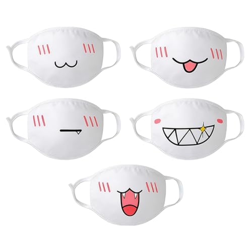 LUDHEP Mascarilla de algodón reutilizable, 5 Piezas, Reutilizable Cosplay Manga Cartoon Divertidas, antipolvo, con divertido patrón, lavable, para actividades al aire libre, Escuela, Fiesta
