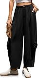 TARSE Women Linen Harem Pants Loose Fit Casual Cropped Pants Boho Summer Vacation Wide Leg Pants with Pocket(Black,S)
