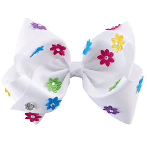 JoJo Siwa Signature Hair Bow - White with Colorful Rhinestone Studded Flowers