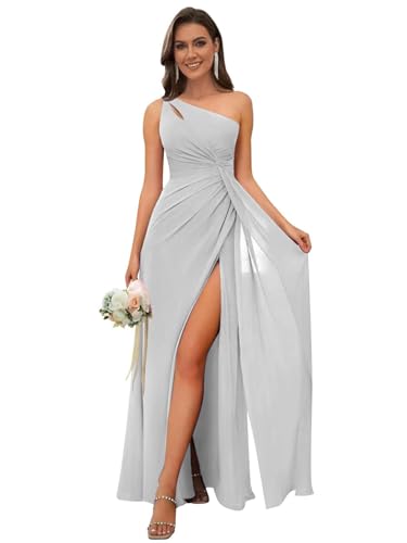Image of OFEECHUN Women's Chiffon One Shoulder Bridesmaid Dresses Long Pleated Formal Evening Gowns with Slit