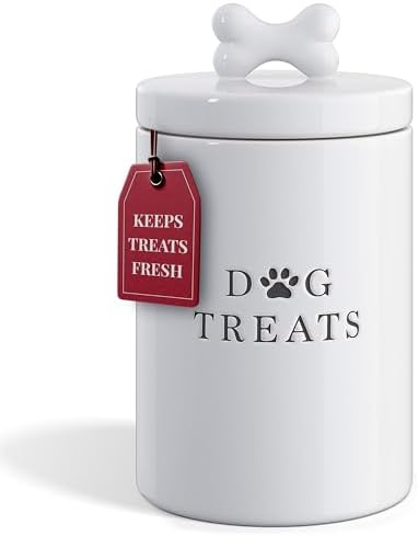 Barnyard Designs Dog Treat Jar, Large Ceramic Airtight Canister with Lid, Rustic Farmhouse Pet Food Storage Container Holder for Cookies, Biscuits, and Snacks, White, 13.5 x 23cm