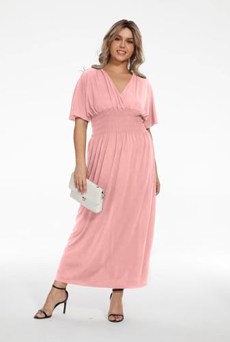 Image of OSTOO Women's Plus Size Hawaii Empire Waist Bat Short Sleeve Casual Floral Print Boho Maxi Dress(Pink,XL