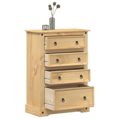 Sinkzol Cómoda Corona de madera maciza de pino con acabado en cera de miel, 80 x 43 x 114 cm, 4 cajones, tiradores de metal, espacio de almacenamiento para pasillo, salón, dormitorio