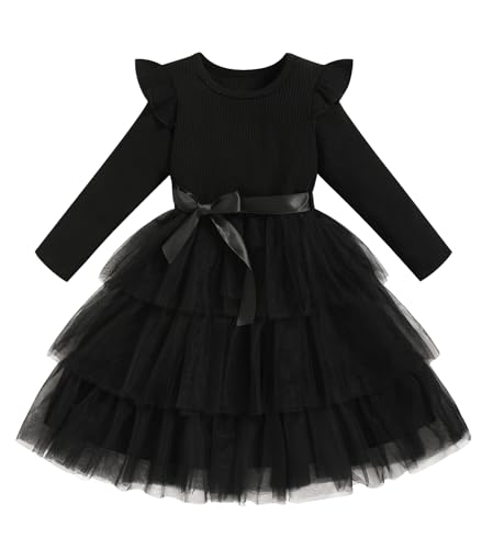 Toddler Dress Girls Ruffle Long Sleeve Layered Tulle Dress Fall Spring Fashion Party Dresses (Black, 2T)
