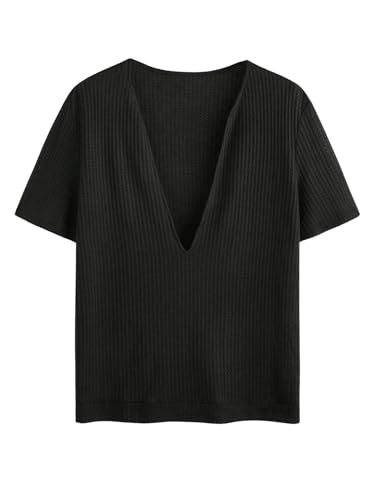 GORGLITTER Men's Deep V Neck Waffle Knit Shirt Casual Short Sleeve Solid Tee Shirts3