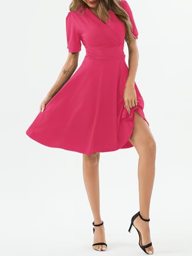 Image of Women's Summer Casual Dress Short Sleeve Wrap V-Neck A-Line Dress Sundress Wedding Guest Cocktail Midi Dresses