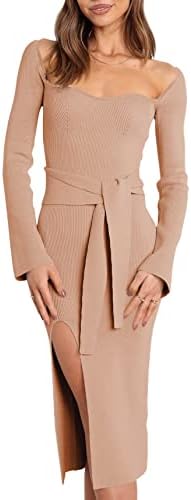 ANRABESS Women's Long Sleeve Sweetheart Neck Tie Waist Slit Side Knit Bodycon Midi Sweater Dress 612hongxing-S